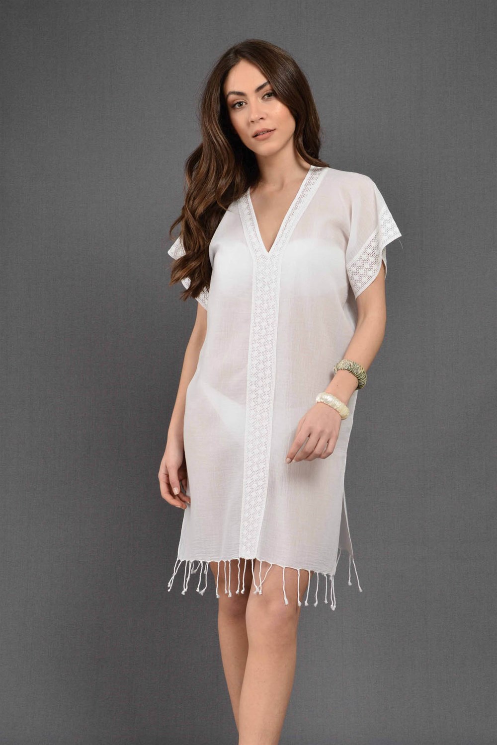 Plaj Elbisesi-  Yakalı Dantelli Naturel