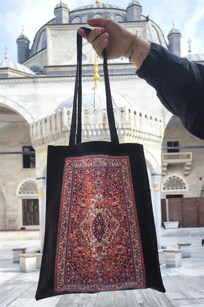 Kırmızı Etnik Kilim Desen Baskılı 190 gram Bez Çanta (35x40 cm)