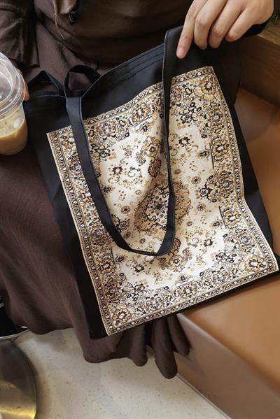Krem  Etnik Kilim Desen Baskılı 190 gr Bez Çanta (35x40 cm)