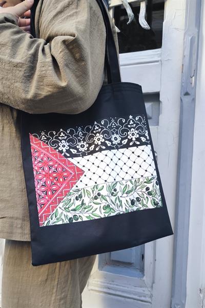 Siyah Filistin Bayrağı Baskılı Bez Çanta (35x40 cm)