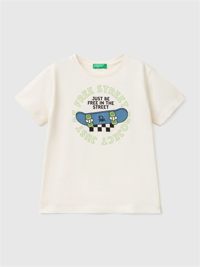 Benetton Erkek Çocuk Baskılı Tshirt 1-6 Yaş Ekru