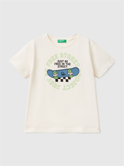 Benetton Erkek Çocuk Baskılı Tshirt 1-6 Yaş Ekru