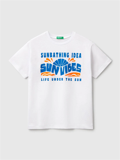 Benetton Erkek Çocuk Baskılı Tshirt 6-14 Yaş Beyaz