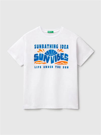 Benetton Erkek Çocuk Baskılı Tshirt 6-14 Yaş Beyaz