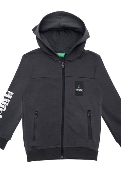 Benetton Erkek Çocuk Kapüşonlu Fermuarlı Sweatshirt 4-14 Yaş Antirasit