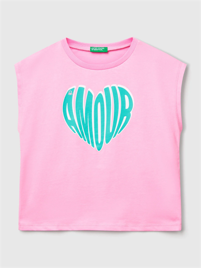 Benetton Kız Çocuk Baskılı Tshirt 6-14 Yaş Pembe
