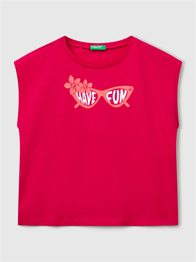 Benetton Kız Çocuk Baskılı Tshirt 6-14 Yaş Fuşya