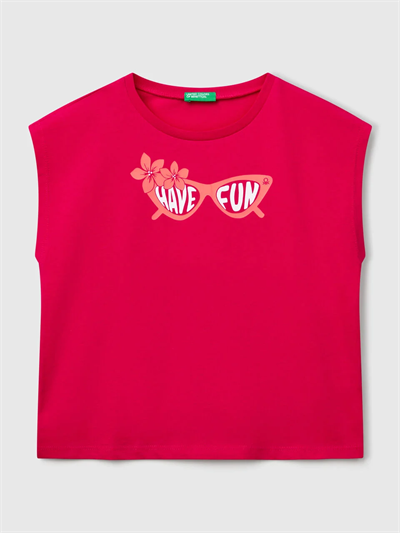 Benetton Kız Çocuk Baskılı Tshirt 6-14 Yaş Fuşya