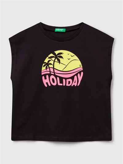 Benetton Kız Çocuk Baskılı Tshirt 6-14 Yaş Siyah