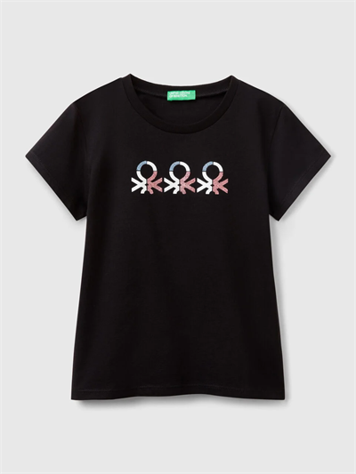 Benetton Kız Çocuk Baskılı Tshirt 6-14 Yaş Siyah