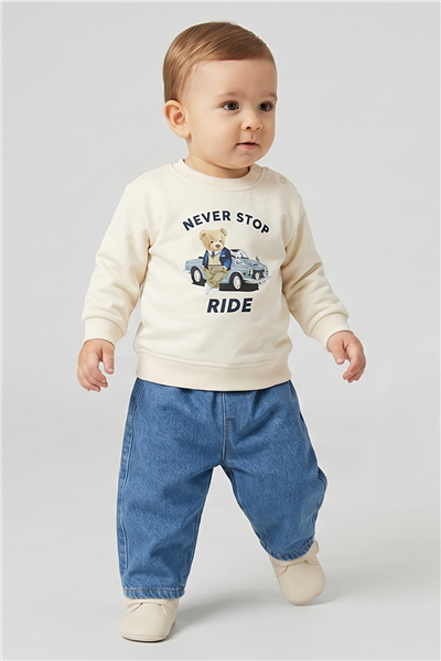 Dmb Erkek Bebek Denim Pantolonlu Takım 6-36 Ay Ekru