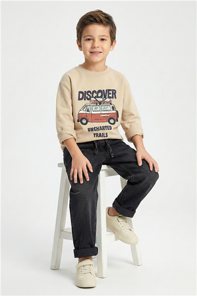 Dmb Erkek Çocuk Baskılı Sweatshirt 4-9 Yaş Bej