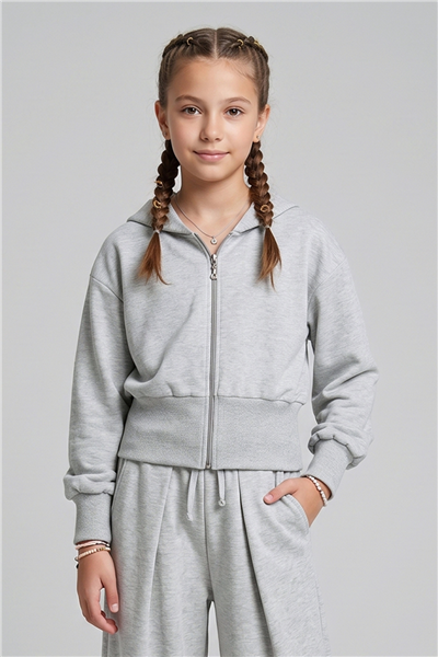 Dmb Kız Çocuk Kapüşonlu Crop Sweatshirt 9-14 Yaş Gri