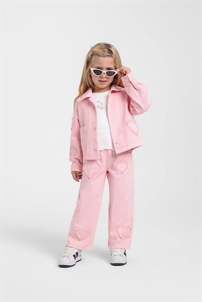Escabel Kız Bebek Kalp İşlemeli Dokuma Pantolon 1-5 Yaş Pembe