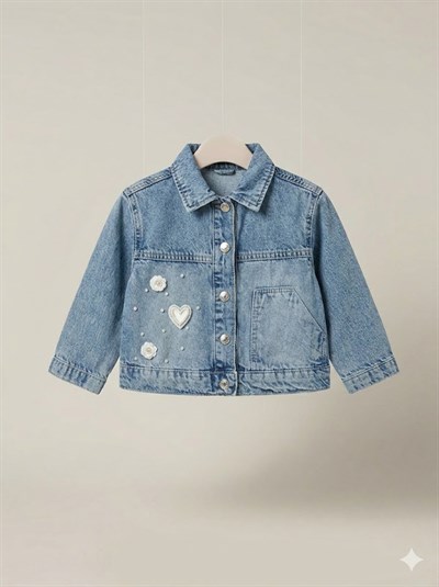 Escabel Kız Bebek Taşlı Kalpli Denim Ceket 1-5 Yaş Mavi