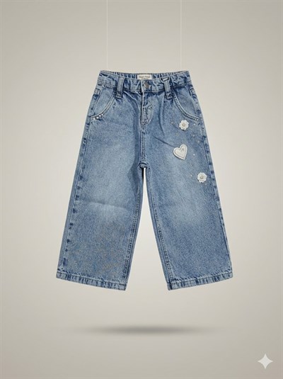 Escabel Kız Bebek Taşlı Kalpli Denim Pantolon 1-5 Yaş Mavi