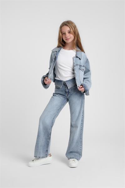 Escabel Kız Çocuk Bel Detaylı Denim Pantolon 9-14 Yaş Mavi
