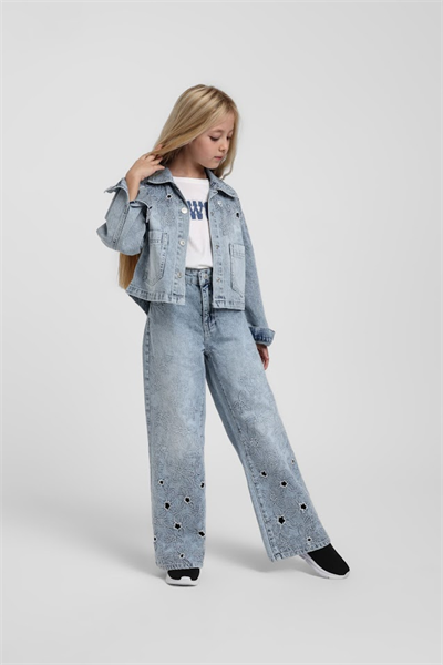 Escabel Kız Çocuk İşlemeli Denim Pantolon 4-14 Yaş Mavi