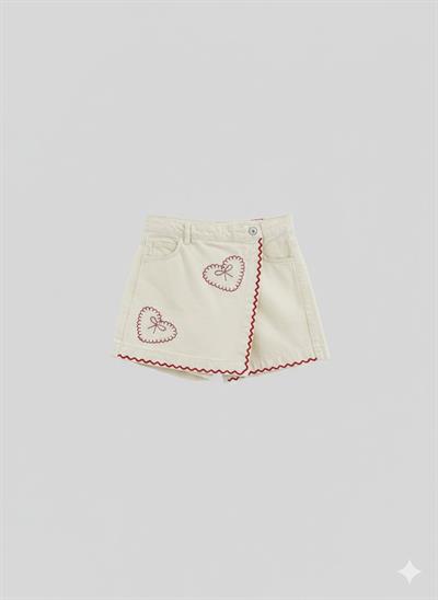 Escabel Kız Çocuk İşlemeli Dokumalı Şort Etek 9-14 Yaş Krem