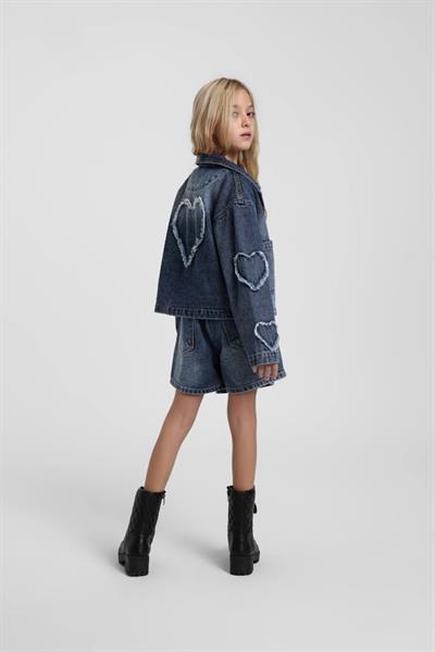 Escabel Kız Çocuk Kalp İşlemeli Denim Ceket 4-9 Yaş Mavi