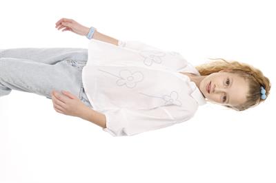 Jena Kız Çocuk Çiçek Nakışlı Gömlek 3-8 Yaş Mavi