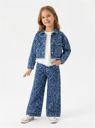Jena Kız Çocuk Kendinden Nakışlı Denim Takım 8-14 Yaş Mavi