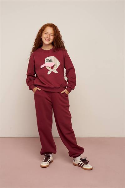 LocoLoco Kız Çocuk Şapka Aplike Sweatshiert 9-14 Yaş Bordo
