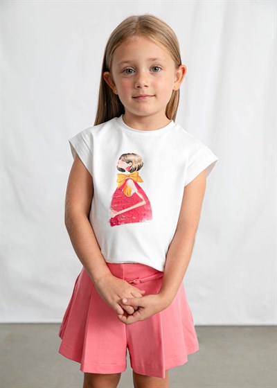 Mayoral Kız Çocuk Baskılı Tshirt 4-8 Yaş Beyaz