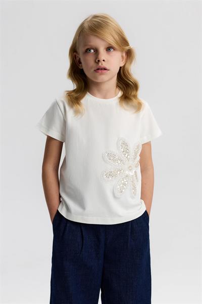 Nk Kız Çocuk Boncuk İşlemeli Tshirt 4-8 Yaş Ekru
