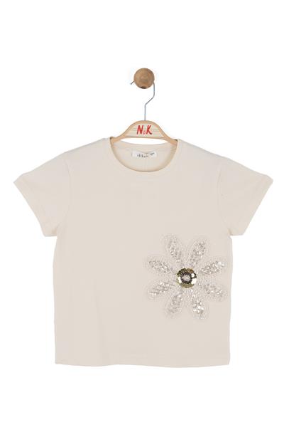 Nk Kız Çocuk Boncuk İşlemeli Tshirt 4-8 Yaş Krem