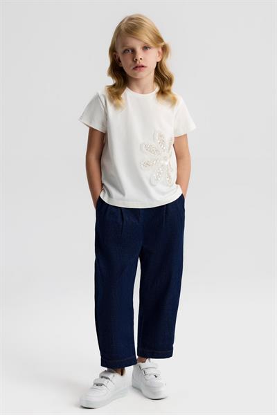 Nk Kız Çocuk Boncuk İşlemeli Tshirt 4-8 Yaş Ekru
