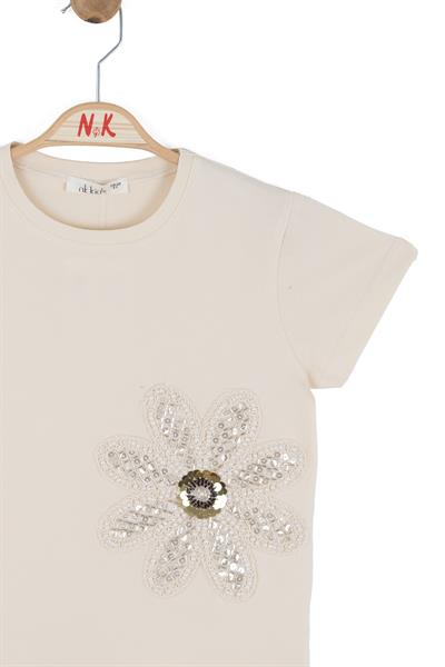 Nk Kız Çocuk Boncuk İşlemeli Tshirt 4-8 Yaş Krem
