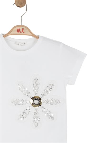 Nk Kız Çocuk Boncuk İşlemeli Tshirt 4-8 Yaş Ekru