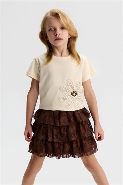 Nk Kız Çocuk Boncuk İşlemeli Tshirt 4-8 Yaş Krem