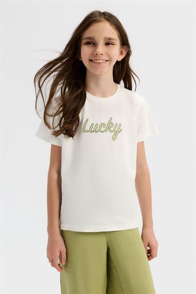 Nk Kız Çocuk Lucky Tshirt 8-14 Yaş Ekru-Yeşil
