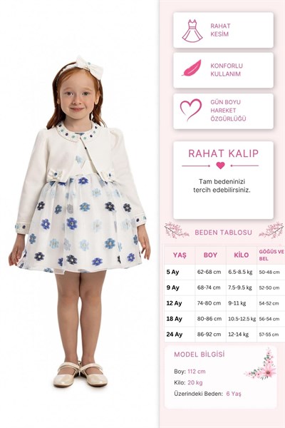 Pamina Kız Bebek Bolero ve Saç Aksesuarı Elbise 6-24 Ay Mavi