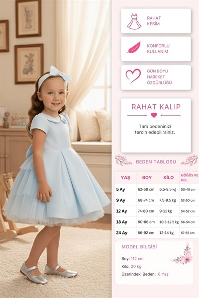Pamina Kız Bebek Fiyonk Detaylı ve Saç Bandlı Elbise 6-24 Ay Mavi