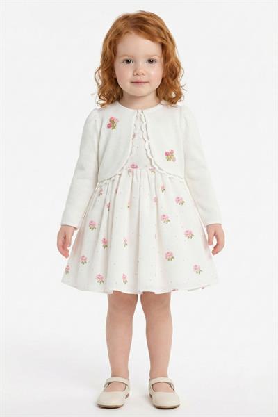 Pamina Kız Bebek İşlemeli Gül Desenli Elbise ve Ceket Takımı 6-24 AY Ekru