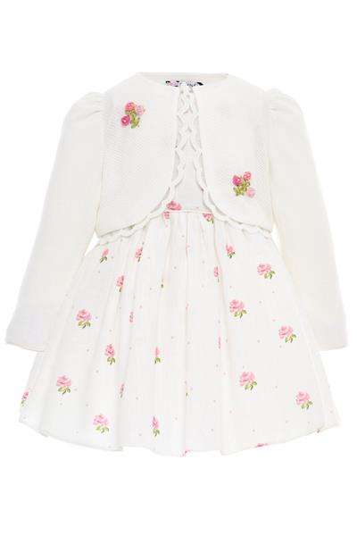 Pamina Kız Bebek İşlemeli Gül Desenli Elbise ve Ceket Takımı 6-24 AY Ekru