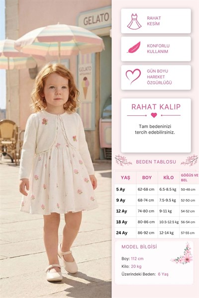 Pamina Kız Bebek İşlemeli Gül Desenli Elbise ve Ceket Takımı 6-24 AY Ekru