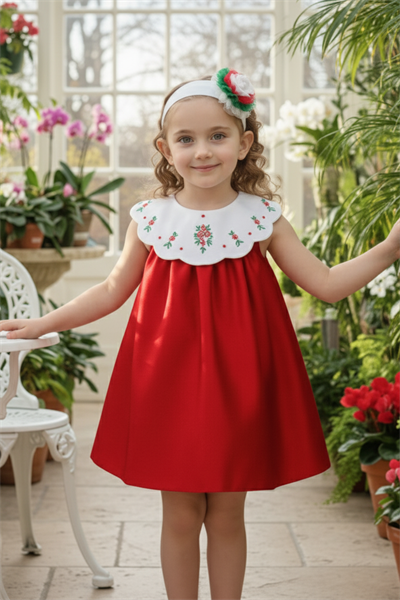 Pamina Kız Bebek İşlemeli Yaka ve Saç Bandlı Elbise 6–24 Ay Kırmızı