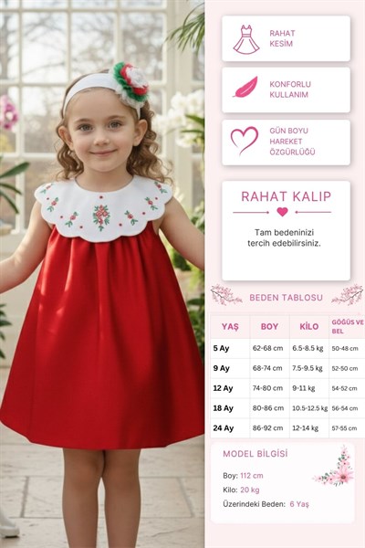 Pamina Kız Bebek İşlemeli Yaka ve Saç Bandlı Elbise 6–24 Ay Kırmızı