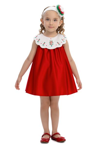 Pamina Kız Bebek İşlemeli Yaka ve Saç Bandlı Elbise 6–24 Ay Kırmızı