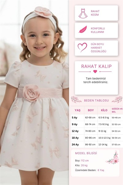 Pamina Kız Bebek Kurdele Motifli ve Çiçekli Saç Bantlı Detaylı Elbisesi 6-24 Ay Pudra