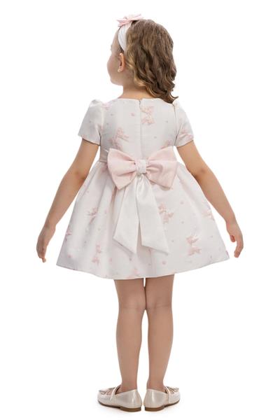 Pamina Kız Bebek Kurdele Motifli ve Çiçekli Saç Bantlı Detaylı Elbisesi 6-24 Ay Pudra