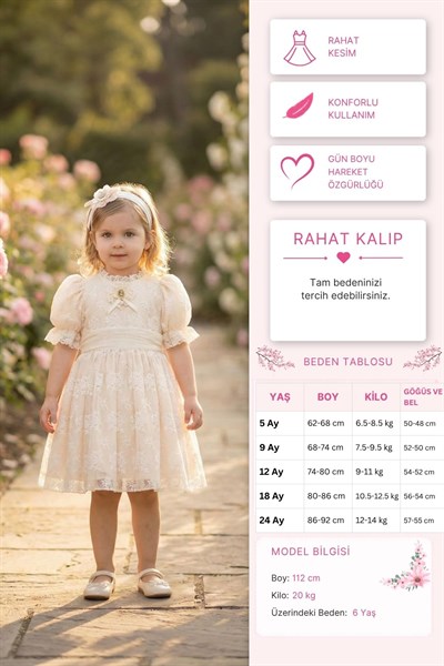 Pamina Kız Bebek Vintage Dantel Elbise 6-24 Ay Bej