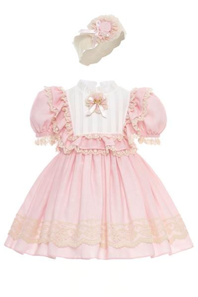 Pamina Kız Bebek Vintage Dantelli Elbise ve Saç Bandı 6-24 Ay Pembe