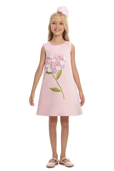 Pamina Kız Çocuk 3D Çiçek Buketi Elbise ve Saç Bandı 3-7 Yaş Pudra