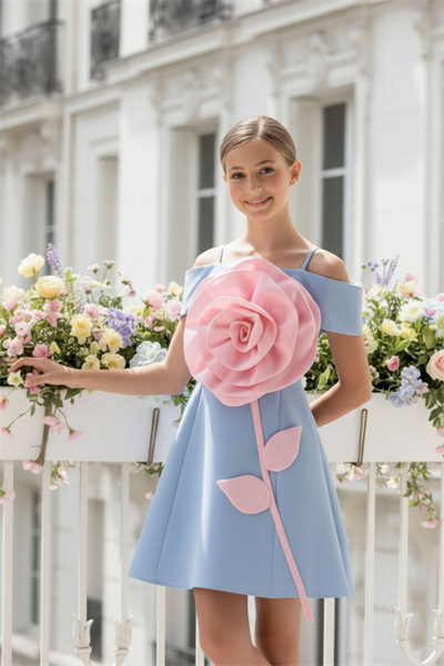 Pamina Kız Çocuk 3D Gül Detaylı Elbise 8-15 Yaş Mavi