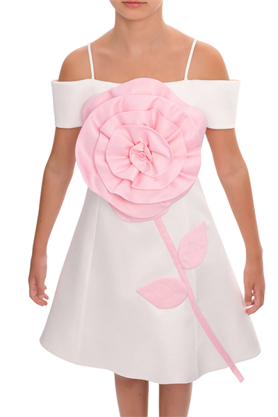 Pamina Kız Çocuk 3D Gül Detaylı Elbise 8-15 Yaş Ekru